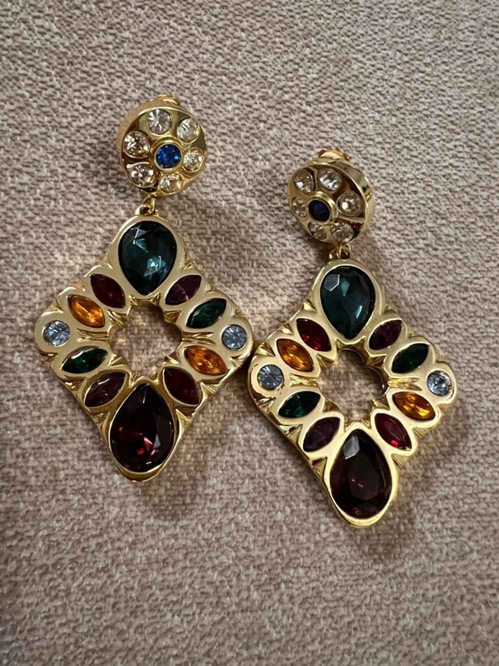 Vintage Gold-Tone Multicolor Gemstone Drop Earrings